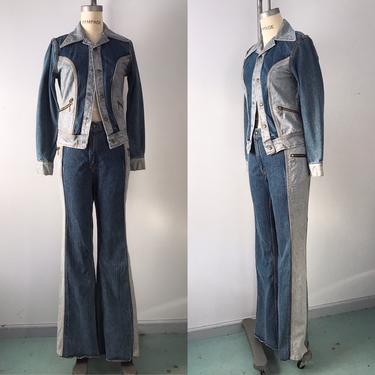 70s LEE denim 2 tone REVERSIBLE bell bottom jeans jacket pants SUIT 32&amp;quot; vintage 1970s 