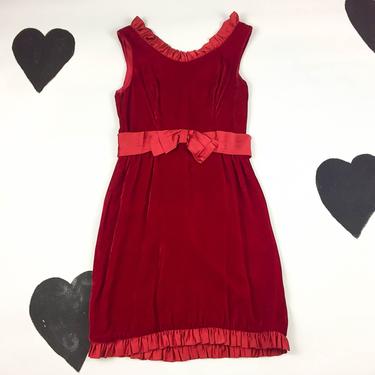 60's blood red velvet mini dress 1960's dolly satin ruffled bow babydoll dress / Holiday / Party Dress / Sleeveless / Twiggy / Mod / 