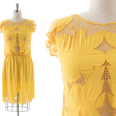 Vintage 1980s Skirt Set | 80s Canary Yellow Floral Cutwork Rayon Blouse Top & Skirt Dress (small/medium) 