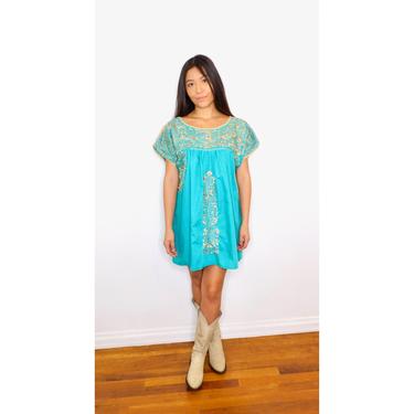 Oaxacan Tunic // vintage cotton boho hippie Mexican hand embroidered dress hippy blouse mini dress turquoise // O/S 