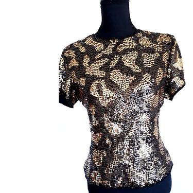 80's Vintage Gold DISCO TOP, gold disco ball top, sequin gold top, disco party top, women's evening wear, scalloped hem, gold blouse large l 