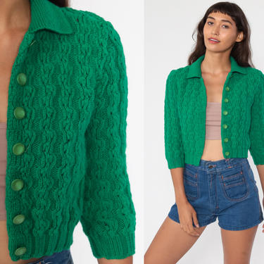 Green Cropped Cardigan 70s Cable Knit Sweater Plain Wool Cardigan Boho Crop Sweater Vintage Retro 80s Extra Small xs 