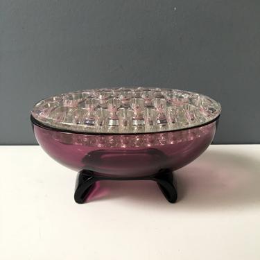 Viking oval scroll amethyst glass bowl with flower frog - vintage depression glass 