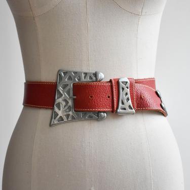 Vintage Red Leather Belt with Modernist Buckle 