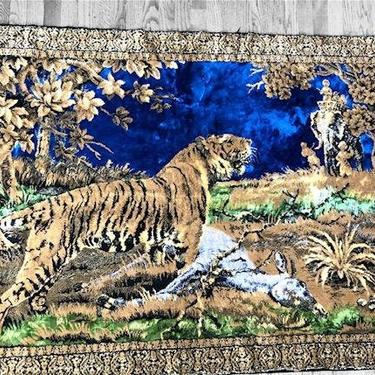 Vintage India Tiger Hunt in Nature Large Velvet Blue Tapestry Wall Hanging Rug or Room Carpet Made in Italy by LeChalet