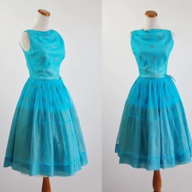 Vintage 50s Dress, 60s Cocktail Dress, Aqua Blue Chiffon Full Skirt Dress, 50s Party, Vintage for Upcycle Craft Repair Study AS IS, Small 