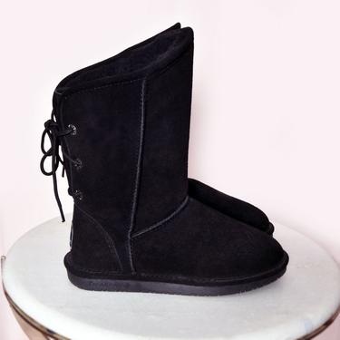 NEW Bear Paws Boots Black Suede, Size 8, Womens, Lace In Back, 12&quot; Tall, With Tags, NEVER USED, Sheep Fur, Uggs 