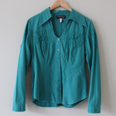 Vintage Teal Green Long Sleeve Button Up Embroidered Floral Western Shirt Women's M L 