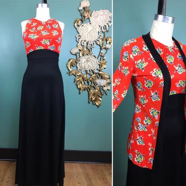 1970s maxi dress, dress and jacket, 70s 2 piece set, size small, vintage 70s dress, retro dress set, black and red floral, polyester dress 