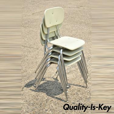 Vtg Beige Molded Plastic Chrome Metal Base Stacking School Side Chairs, Set of 4