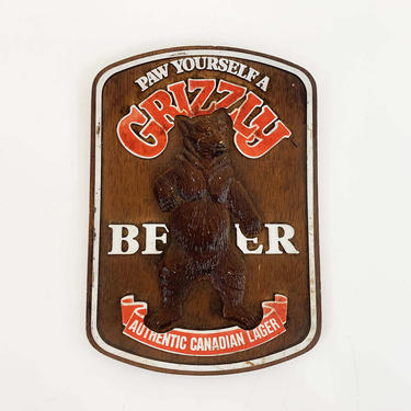 Vintage Grizzly Beer Drink Sign Happy Hour Bar Barware Bear 1970s Wall Hanging Standing Plaque Home Decor Father's Day Man Cave Canadian 