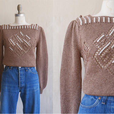 Vintage 80s Brown Puff Sleeve Sweater with Sequins/ 1980s Boat Neck Knit Sweater/ Size Medium 