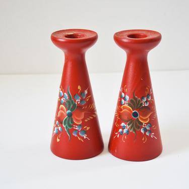 Satin Red Scandinavian Folk Art Wooden Candle Holders with Hand Painted Flowers, Made in Norway - pair 