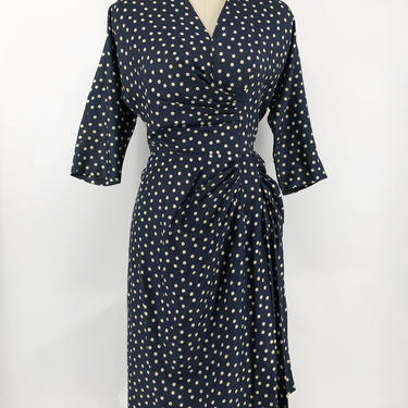 50s POLKA DOT navy blue rayon side gather sheath DRESS vintage 1950s L 