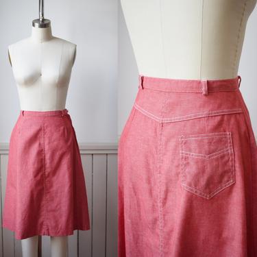 1960s Red Denim Skirt | Vintage 60s/70s Westernwear Inspired Midi Skirt | XS 