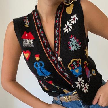 80s hand embroidered folk sweater vest gilet / vintage black wool blend hand embroidered folklore sleeveless button up sweater vest | M 