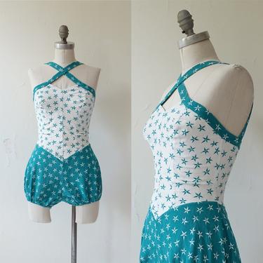 Vintage 40s Cotton Swimsuit/ 1940s Teal and White Star Print Criss Cross Romper/ Bloomer Style Bathing Suit/Size Small Medium 