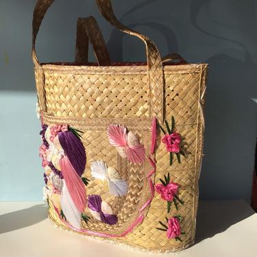 Vintage Raffia Straw Tropical Floral Tote -- Welcome to the Bahamas, Boho Girl! 