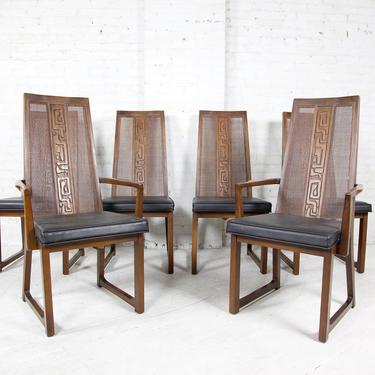 Vintage set of 6 brutalist style tall back chairs with carving and caning by United Furniture | Free delivery ONLY in NYC area 