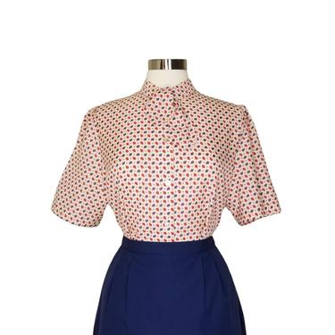 Vintage Paisley Blouse, Large / Tie Collar Blouse / Summer Button Blouse / 70s Office Secretary Blouse / Retro Short Sleeve Mod Dress Blouse 