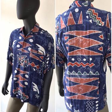 Vtg Batik Tropical Blue Tribal Shibori Funky Button Shirt / Tie Dye Abstract Hawaiian Island Shirt / Size 48  / XL 