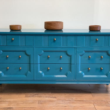 Turquoise lacquer mid century modern MCM Drexel dresser with brass hardware 