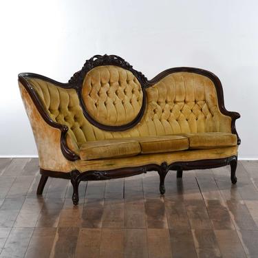 Carved Victorian Tufted Back Gold Chenille Sofa