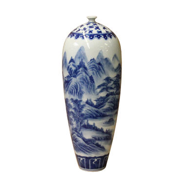 Chinese Blue White Porcelain Scenery Graphic Tiny Mouth Vase ws1108E 
