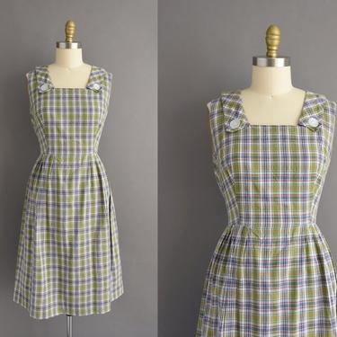 vintage 1950s dress | Pat Parkins Green & Blue Plaid Print Cotton Dress | Large | 50s vintage dress 