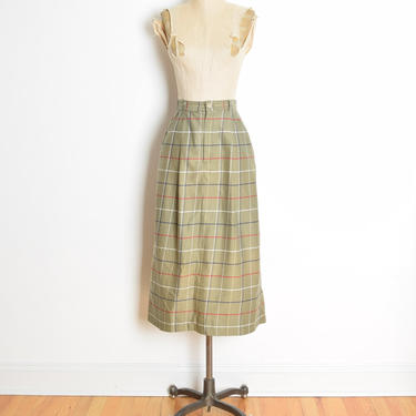vintage 80s skirt beige windowpane plaid cotton flannel high waisted midi S clothing neutral 