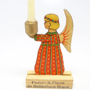 Antique German Die Cut Angel Candle Holder on Wood, Vintage Advertising Premium,  Stand Up Christmas Toy, Skittle 