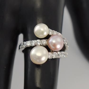 90's sterling pearls crystal size 8 abstract bling ring, unusual edgy 925 silver pink & white pearls clear stones statement 