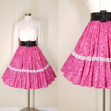 Vintage Floral Circle Skirt, Large / Full Square Dance Skirt / Pink Patio Skirt / Flared Festival Swing Party Skirt / Ruffled Prairie Skirt 