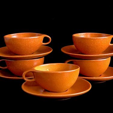 Vintage Mid Century Modern Modernist Raymor Roseville Pumpkin Terra Cotta Glaze Pottery Cups and Saucers Ben Seibel Design 1950s 