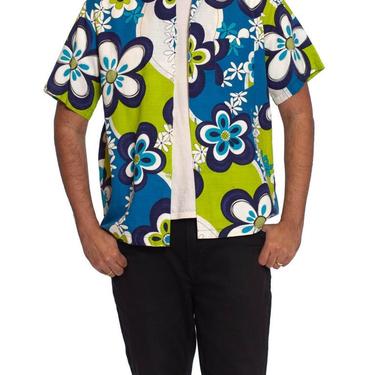 1960S Blue  Green Cotton Barkcloth Men's Mod Floral Hawaiian Shirt 