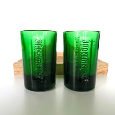 Set Of 2 Heavy Green Glass Jagermeister Shot Glasses, Jagermeister Barware 