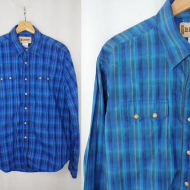 Vintage Seventies Men's Wrangler Benny XL Blue Plaid Long Sleeve Pearl Snap 70s Western Cowboy Shirt 