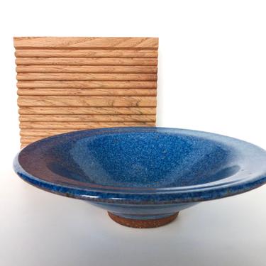 Vintage Studio Pottery Low Profile Bowl In Blue, Small Artist Signed Stoneware Pedestal Dish, Minimalist Pottery Bowl 