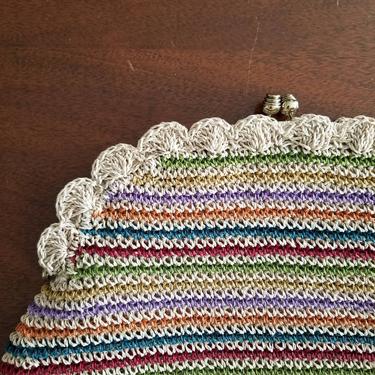 Vintage 50s 60s Crochet Straw Clutch Handbag / Primary Color Rainbow Stripe Bag / Midcentury Framed Clutch / Kisslock Top Statement Purse 