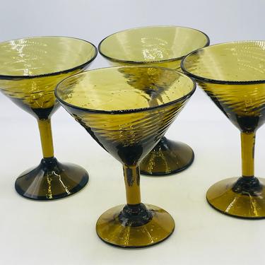 Vintage set of (4) Amber Hand Blown Swirl  Pattern Martini Cocktail - Pedestal - 5 ounces Mexico 
