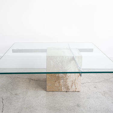 70s Vintage Artedi Glass and Marble Coffee Table, Silver Arms, Made in Italy 
