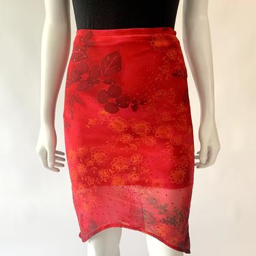 Red Y2K Glitter Floral Skirt