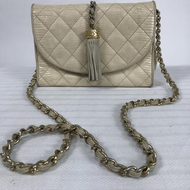 Chanel Quilted Taupe Lizard Flap Front Tassel Shoulder Bag Early 1980s