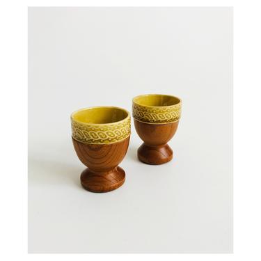 Mid Century Wood and Ceramic Egg Cups / Set of 2 