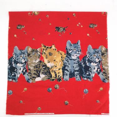 FINAL SALE /// 50s Red Cat Border Print Fabric / 1950s Vintage Kitten Novelty Print Cotton Fabric 