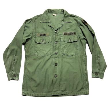 Vintage 1960s OG-107 US Army Utility Shirt ~ fits M Short ~ Vietnam War ~ Military Uniform ~ Patches / Named 