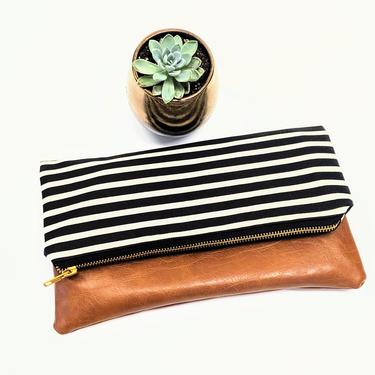 Black and White Stripe Clutch: Fold Over Clutch, Vegan Leather Bag, Vegan Clutch, Bridesmaid Gift, Neutral Clutch 