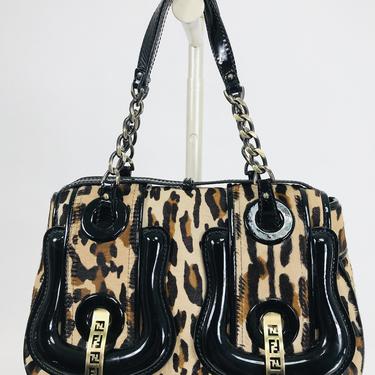Fendi Leopard Print Calf Hair and Black Patent Leather B Bag