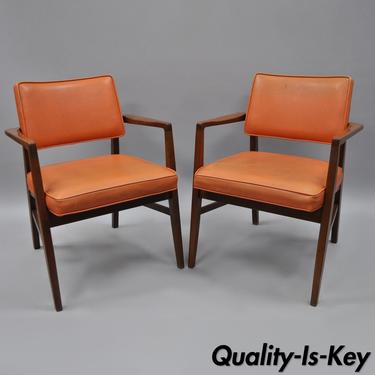 Vtg B L Marble Mid Century Modern Walnut Arm Chairs Orange Jens Risom Era a Pair