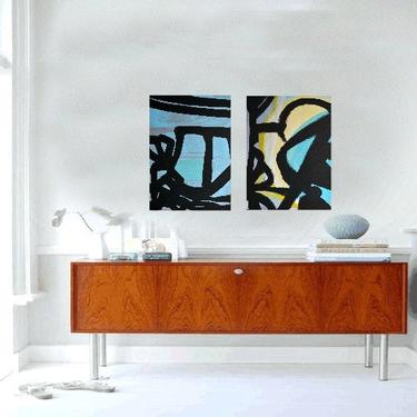 Sale-Two Canvases Blue/Grey/Black LARGE 18&amp;quot;x24&amp;quot; Canvas Painting Abstract Minimalist Modern Original Contemporary Artwork Commission Art by Art